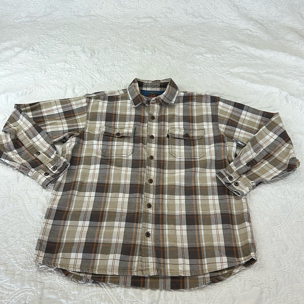 Redhead Bass Pro long sleeve brown orange plaid button down shirt men’s Large